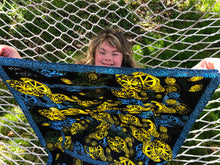 Load image into Gallery viewer, Lemon Black and Blue Silk Twill Scarf
