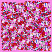 Load image into Gallery viewer, Pink Bubbles  This playful design which originated as a cartoon drawing of bubbles, is predominantly dark pink but also features red, aqua, orange, and white bubbles in all different sizes and shapes. Pops of contrasting colours accent each bubble. The scarf has a pink border, and the name “Marie Webb” is drawn near the corner in subtle black ink.
